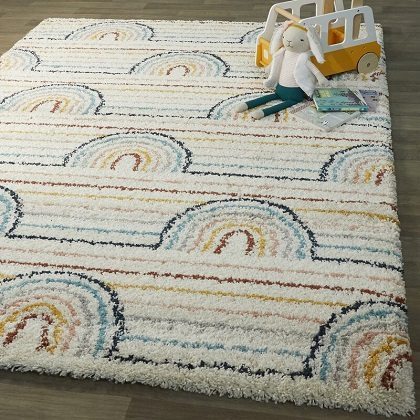 Sero Geometric Red Yellow Blue Rainbow Area Rug, by Ebern Designs