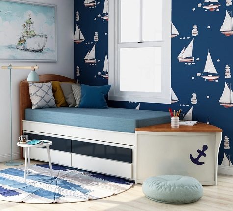 Zyon Novelty White Twin Solid Wood Nautical Bed and Trundle, by Furniture of America